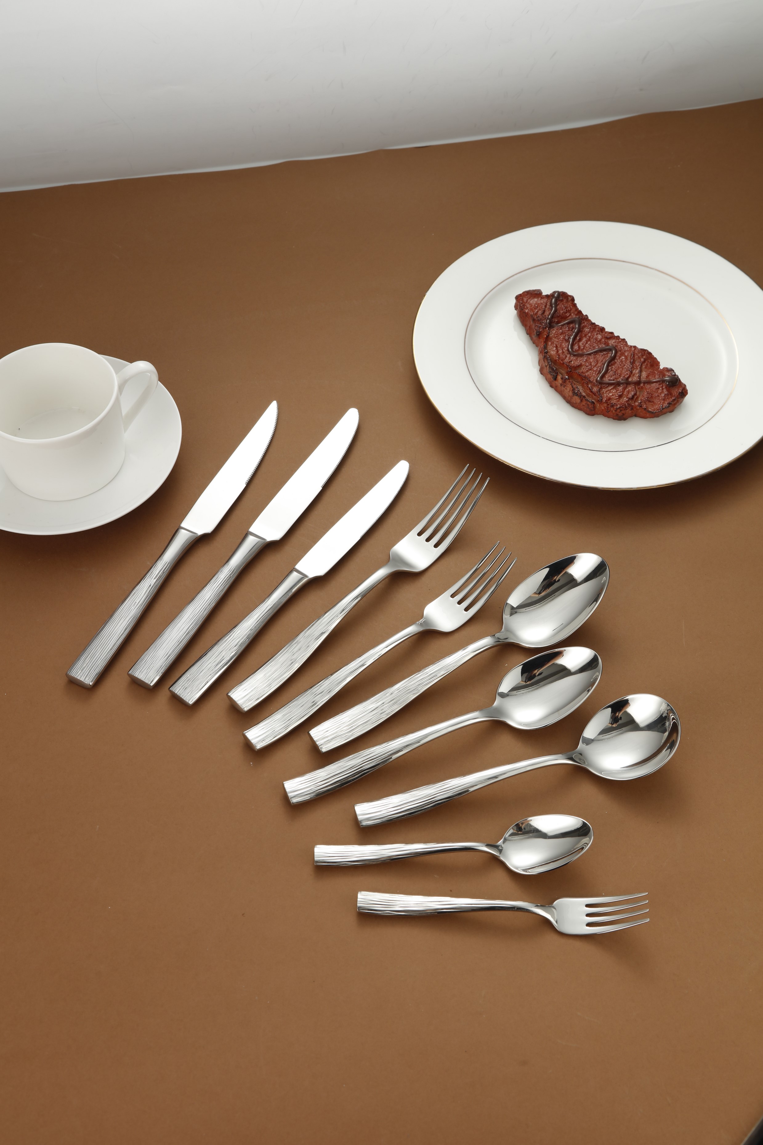 Brushed Linear Textured Stainless Steel Flatware Set 3