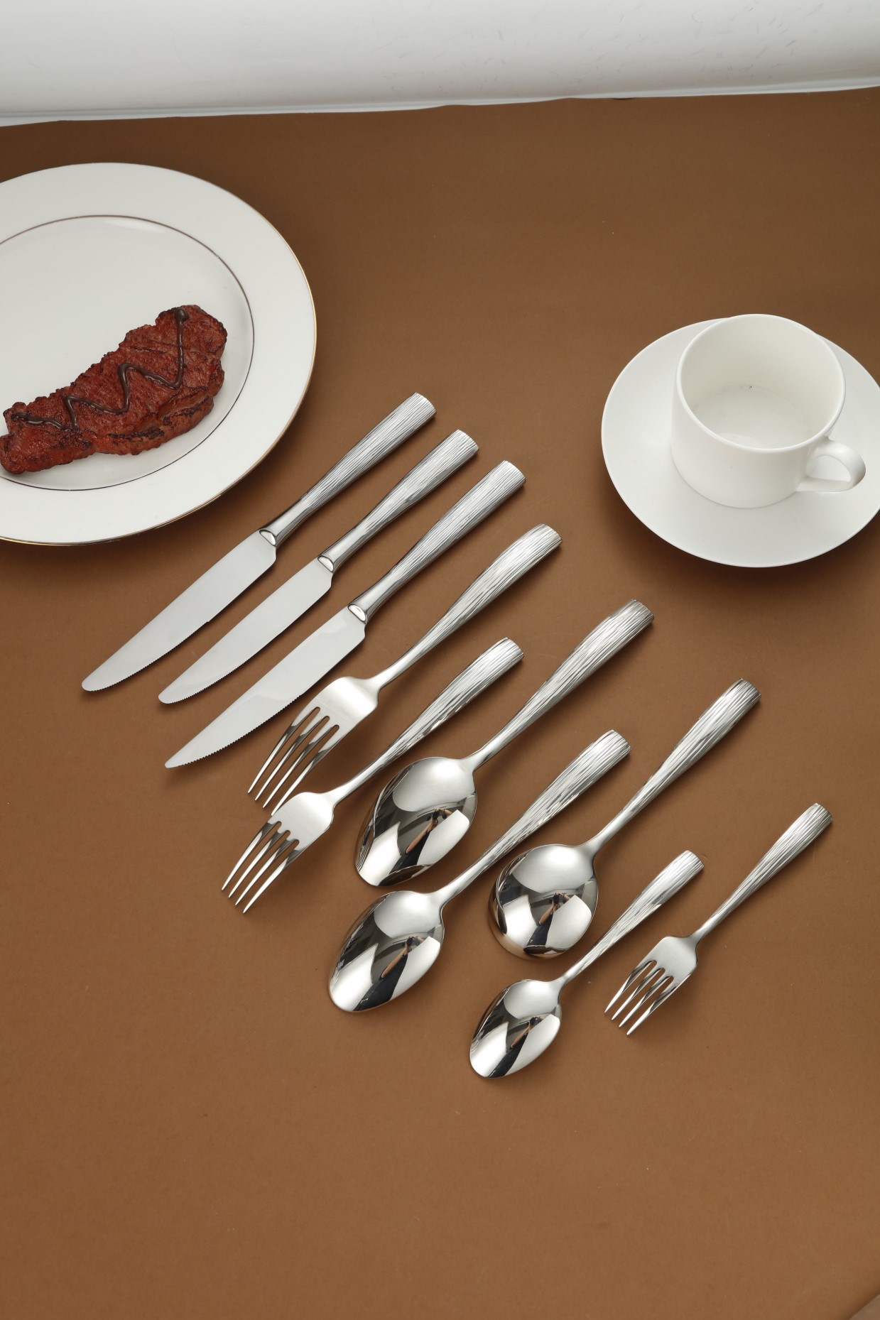 Brushed Linear Textured Stainless Steel Flatware Set 4