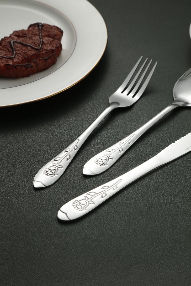 Rose Flower Embossed Stainless Steel Flatware Set 5